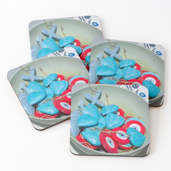 Heart, Evil Eye, & Cross Shops in Oia Santorini Greece Coasters (Set of 4)