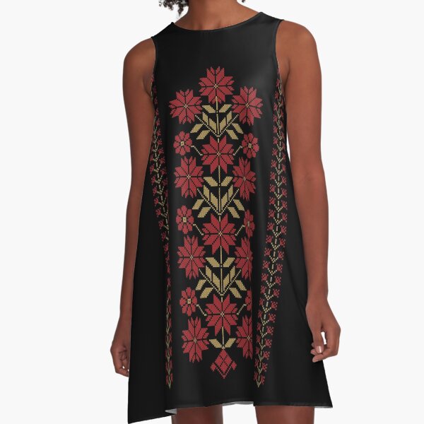 Traditional Tatreez Embroidery Flowers Design 9 red-gld A-Line Dress