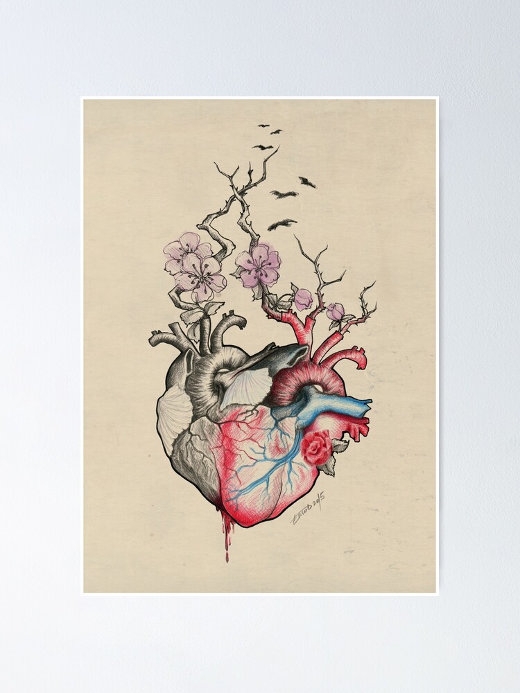 Two anatomical hearts into one with blossoms Surreal art