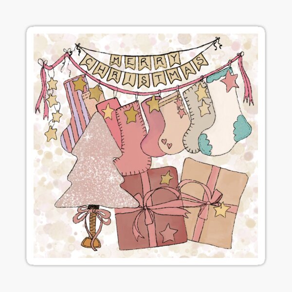 Merry Christmas Stockings, Primitive Illustration Sticker