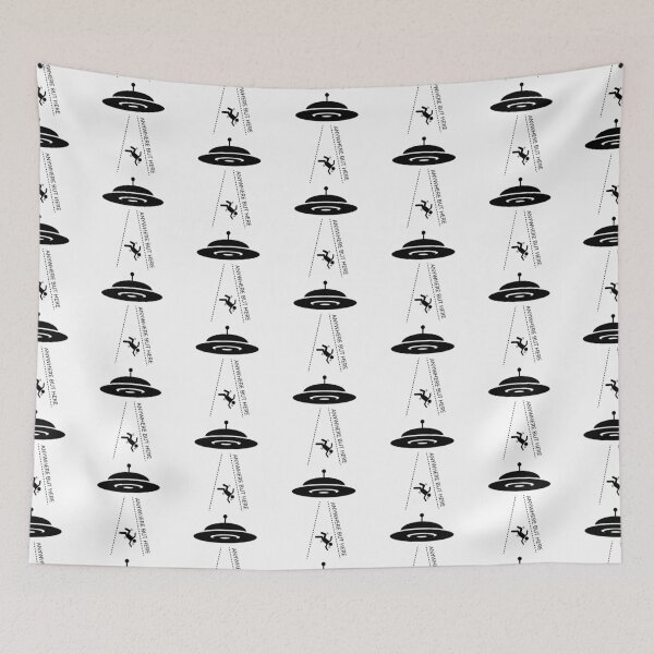 Item preview, Anywhere But Here, Black and White Cartoon Flying Saucer Abducting a Human, Unidentified Flying Object Alien Invasion designed and sold by Black11Flamingo.