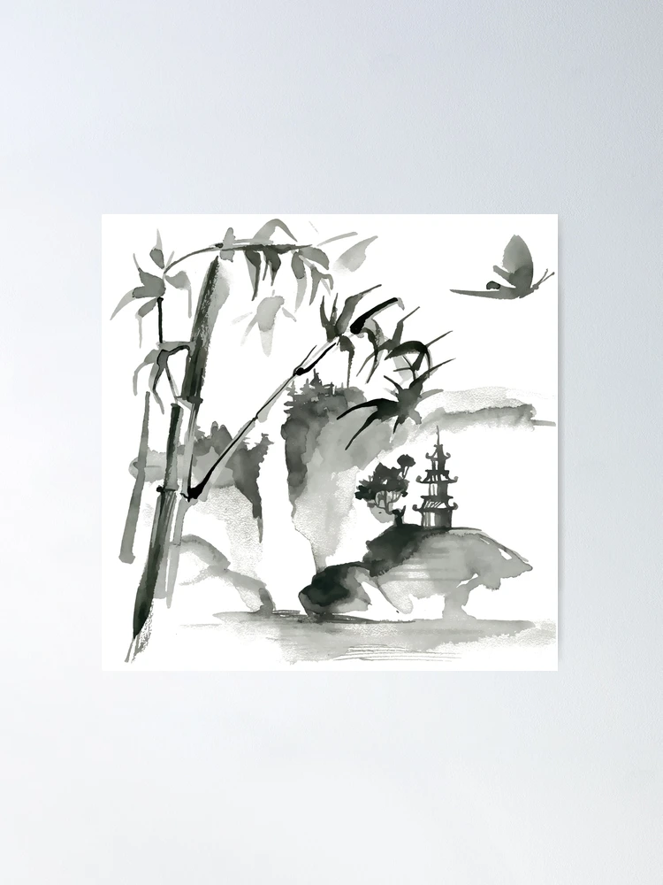 Sumi-e Bamboo Landscape Japanese Ink Painting Poster for Sale by Hato  Momo