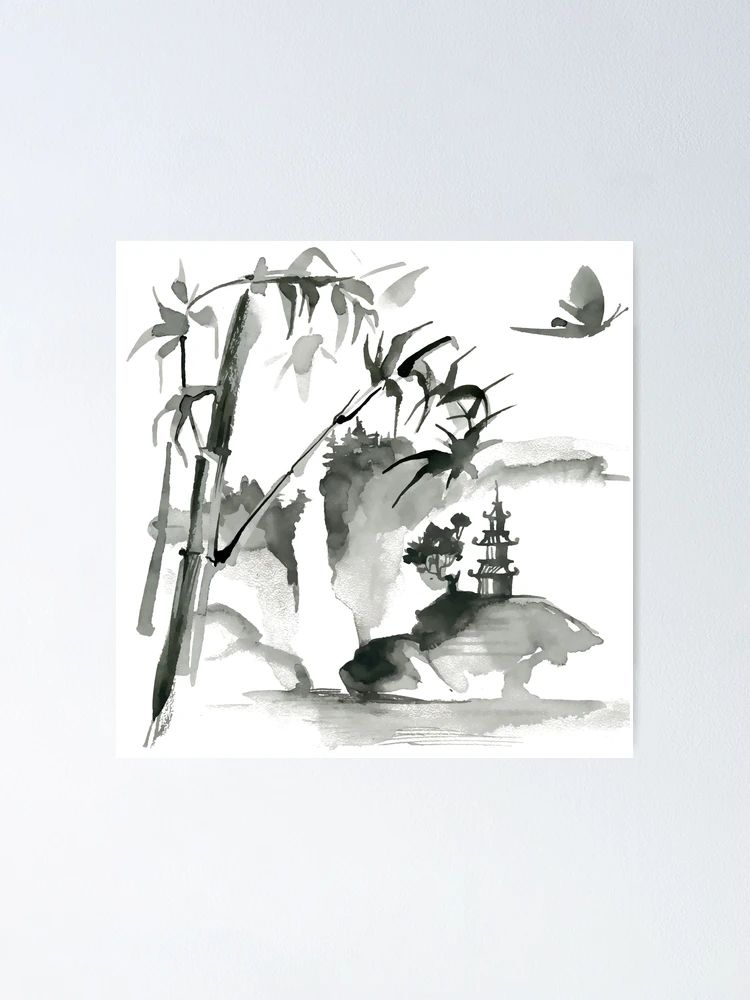 Sumi-e Bamboo Landscape Japanese Ink Painting