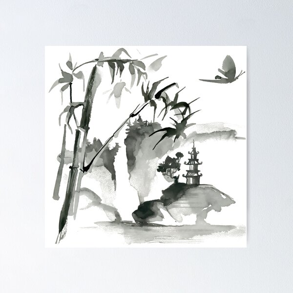 Sumi-e Bamboo Landscape Japanese Ink Painting