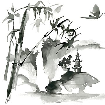 Sumi-e Bamboo Landscape Japanese Ink Painting