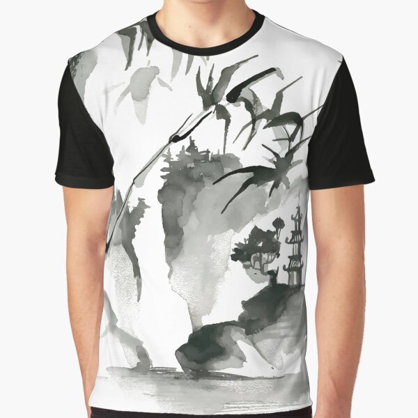 Item preview, Sumi-e Bamboo Landscape Japanese Ink Painting designed and sold by Hatomomox.