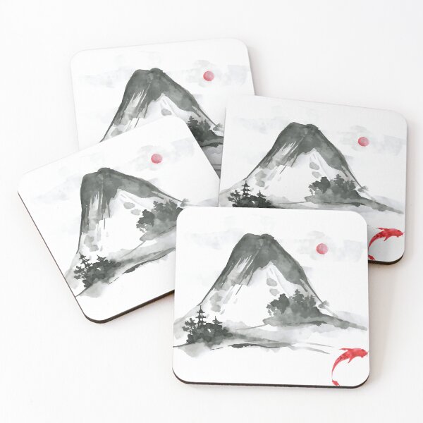 Item preview, Sumi-e Mountain and Koi Japanese Ink Painting designed and sold by Hatomomox.