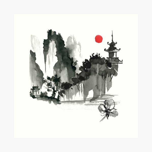 Sumi-e Mountain Japanese Ink Painting