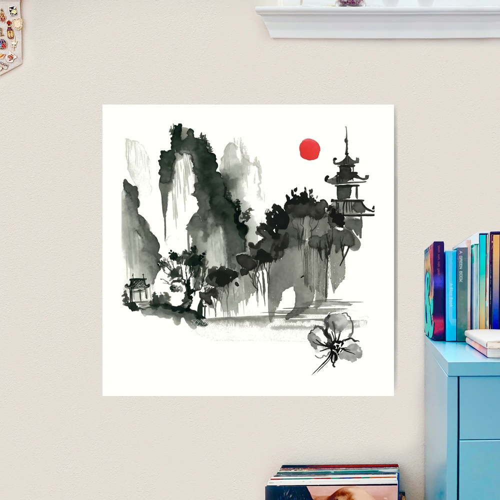 Sumi-e Mountain Japanese Ink Painting