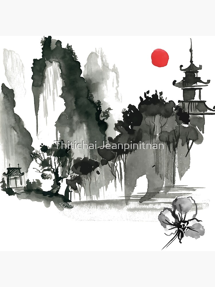 墨絵　Sumi-e a painting in black ＆white Forest River Black and White Ink Painting Landscape Handmade