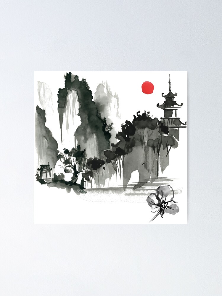 Sumi-e Mountain Japanese Ink Painting Poster for Sale by Hato Momo