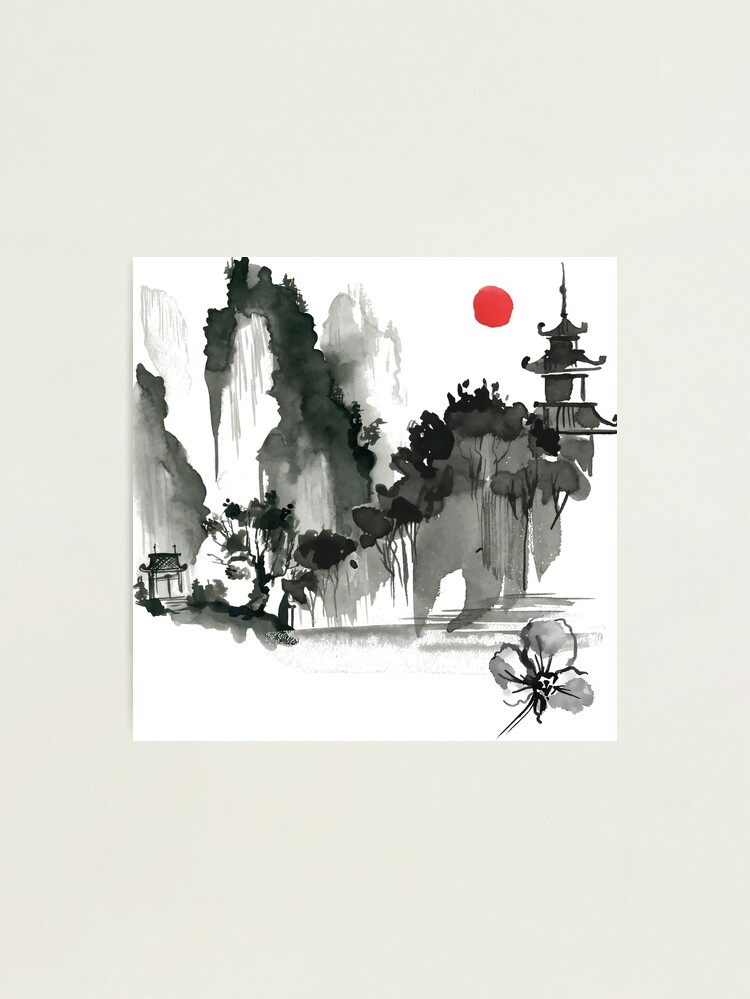 屏風 Sumi-e a painting in black ＆white Forest River Ink Painting