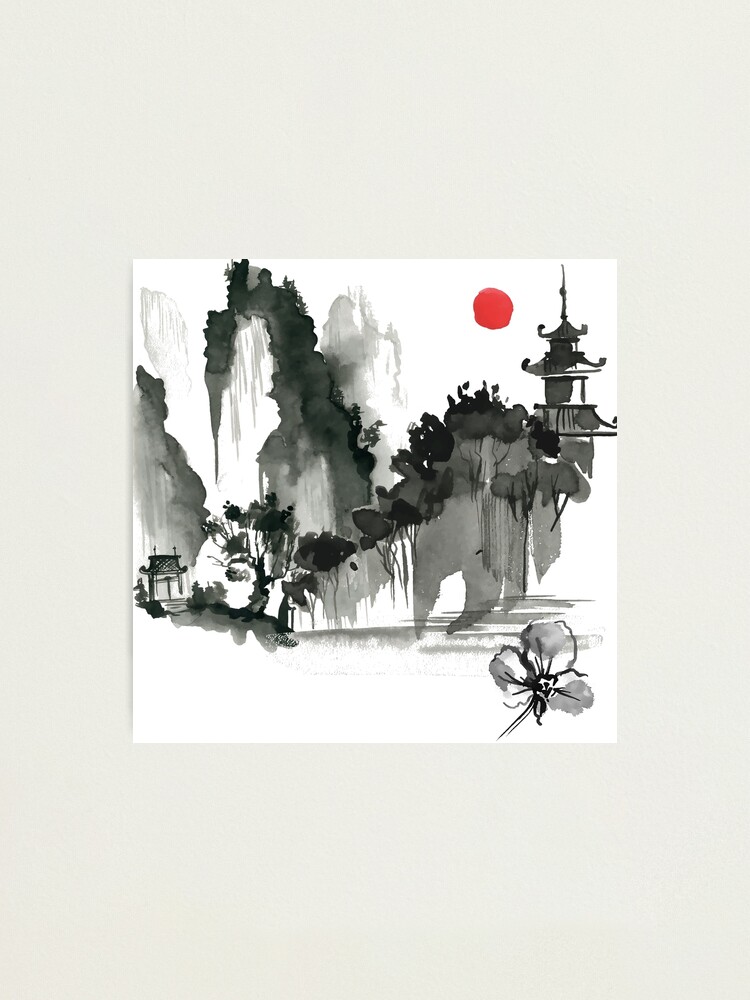 墨絵　Sumi-e a painting in black ＆white Sumi-e Mountain View — Original Painting in Japanese Zen Art