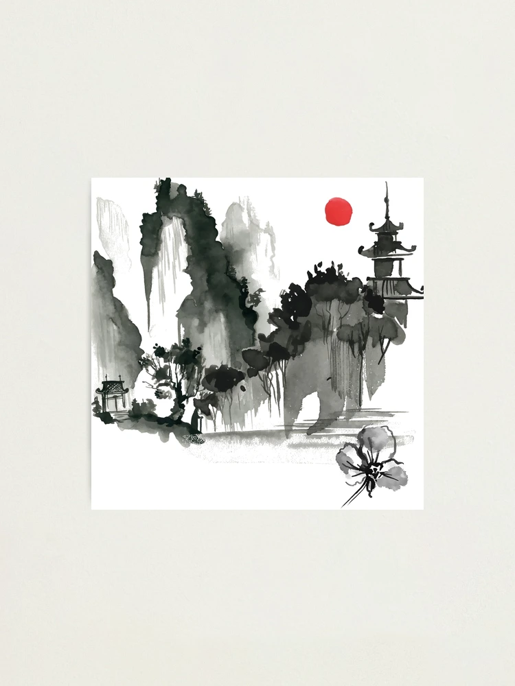 Sumi-e Mountain Japanese Ink Painting