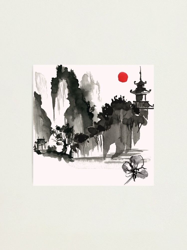 墨絵　Sumi-e a painting in black ＆white Japanese art sumi-e painting. Mountain landscape with bird