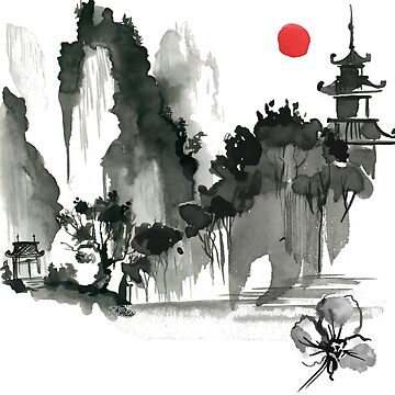 Sumi-e Mountain Japanese Ink Painting