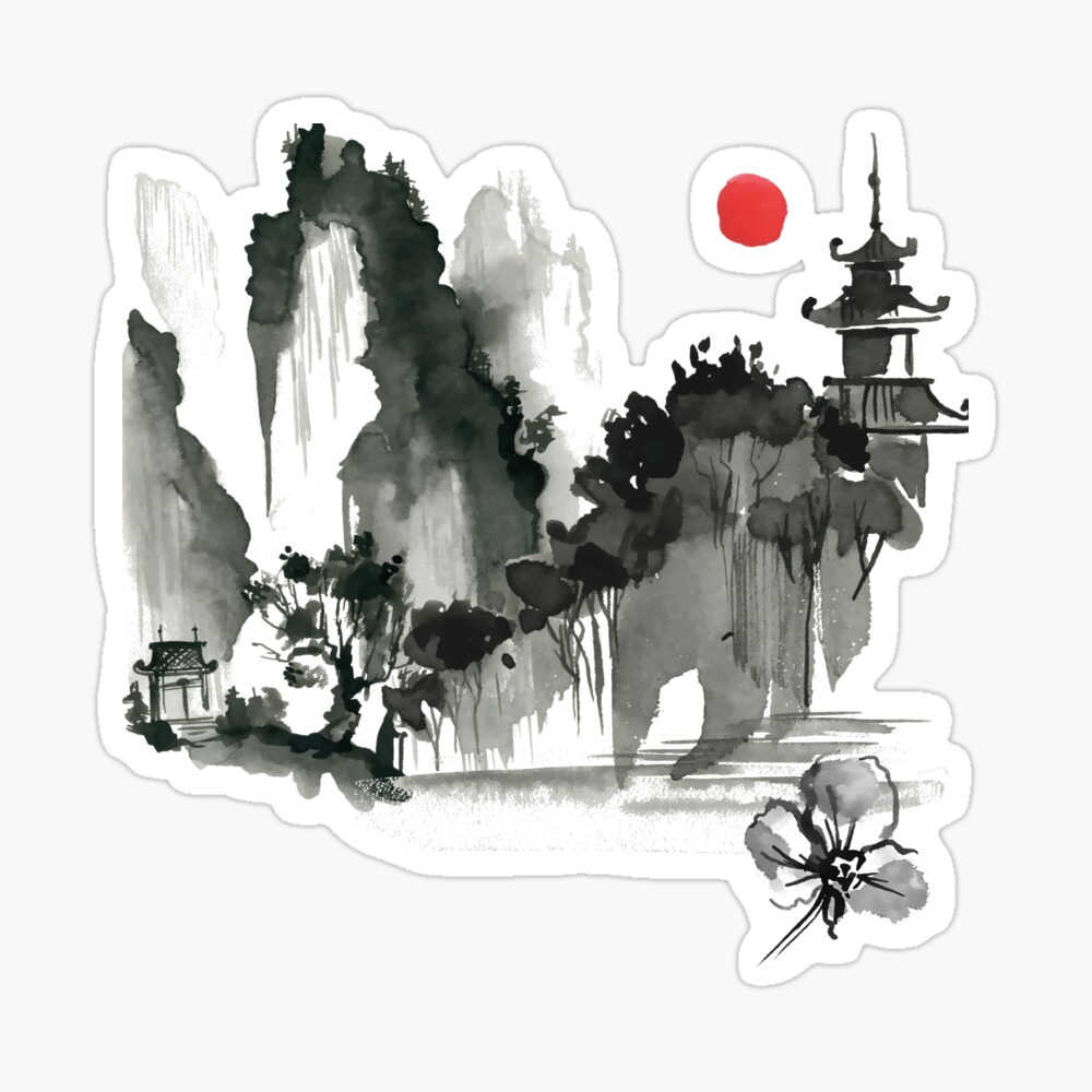Sumi-e Mountain Japanese Ink Painting