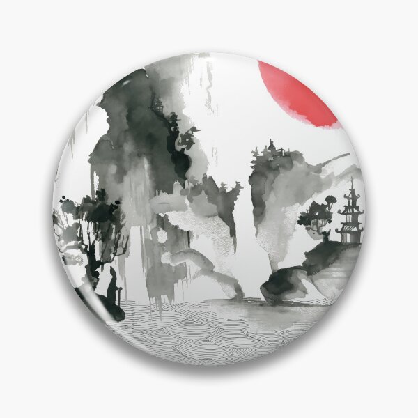 Item preview, Sumi-e Landscape With Mountains And Sun Japanese Ink Painting designed and sold by Hatomomox.