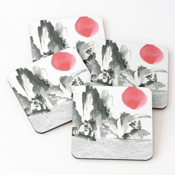 Item preview, Sumi-e Landscape With Mountains And Sun Japanese Ink Painting designed and sold by Hatomomox.