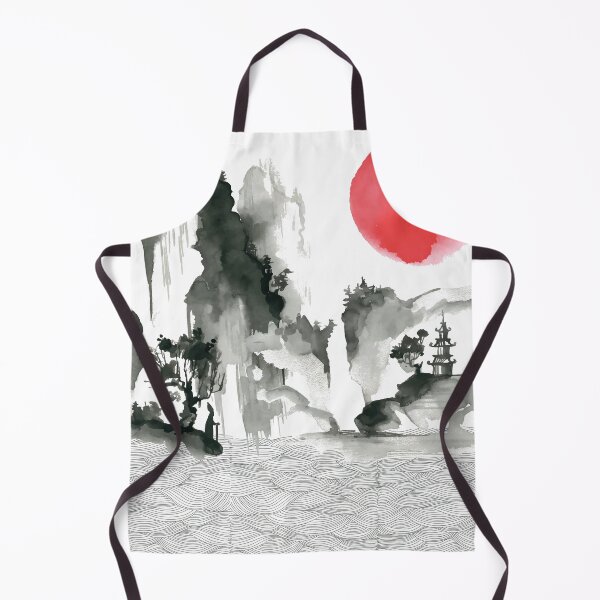 Item preview, Sumi-e Landscape With Mountains And Sun Japanese Ink Painting designed and sold by Hatomomox.