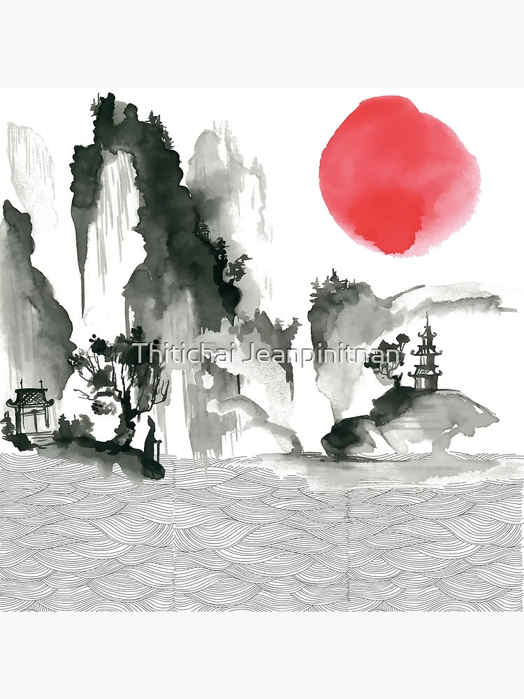 Sumi-e Landscape With Mountains And Sun Japanese Ink Painting