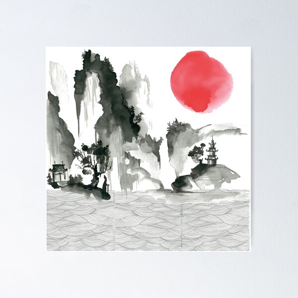 Item preview, Sumi-e Landscape With Mountains And Sun Japanese Ink Painting designed and sold by Hatomomox.