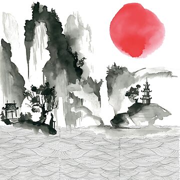 Sumi-e Landscape With Mountains And Sun Japanese Ink Painting