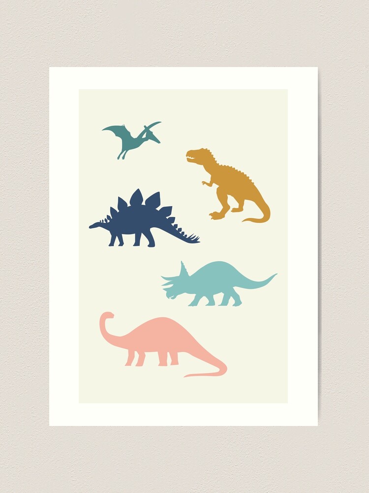 dinosaur-silhouettes-in-blue-gold-art-print-for-sale-by-latheandquill-redbubble for Free Printable Dinosaur Wall Art