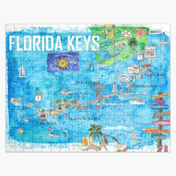 Item preview, Florida Keys Key West Marathon Key Largo Illustrated Travel Poster Favorite Map 2nd Signpost Edition designed and sold by artshop77.