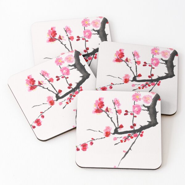 Item preview, hand painted red plum flower in pink background  designed and sold by ColorandColor.