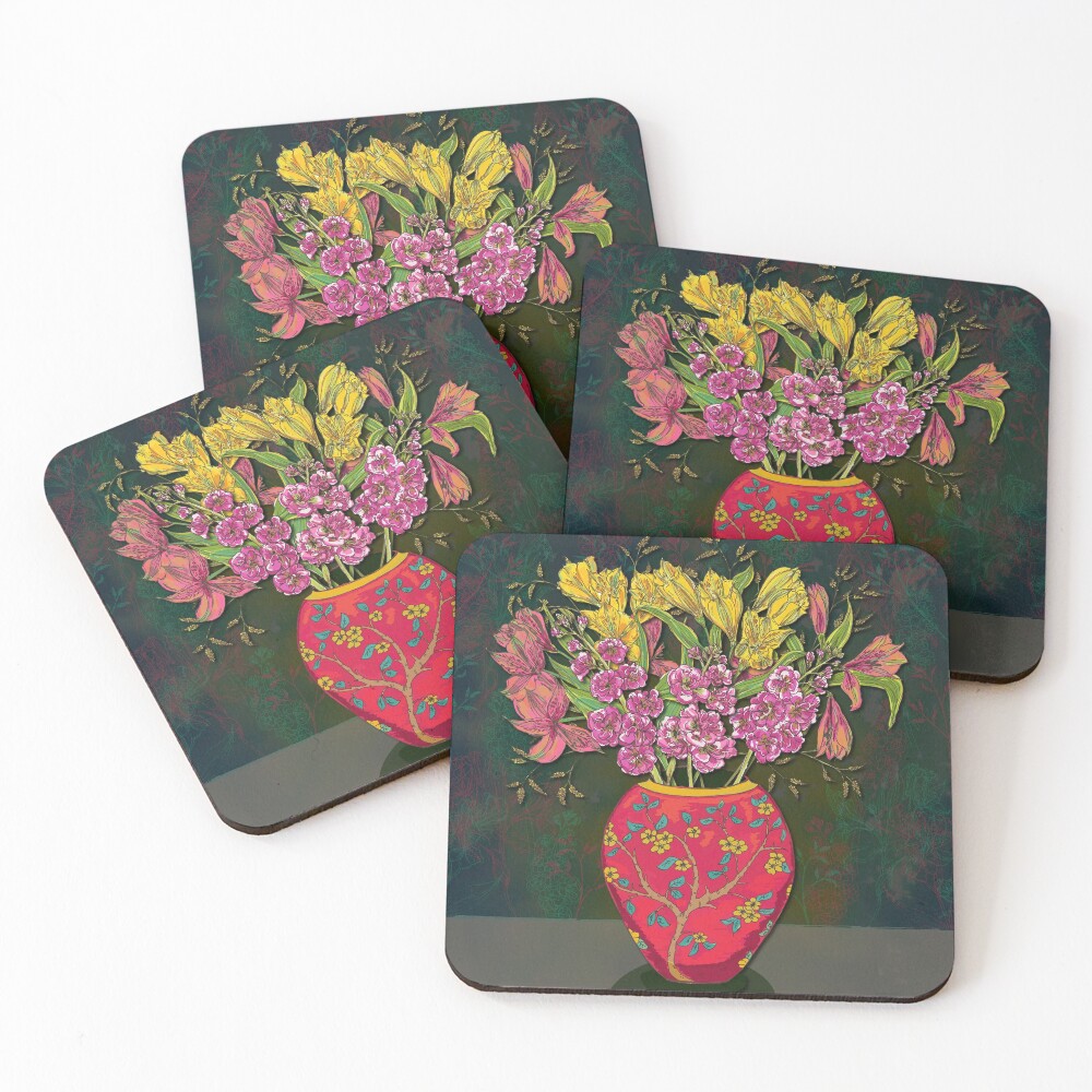 Red Vase with Flowers Coasters (Set of 4)