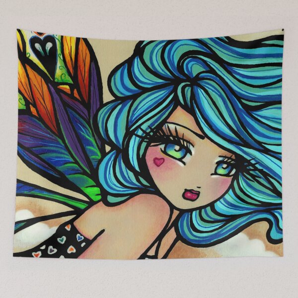 Item preview, Fairy with Blue Hair and Colorful Wings Fantasy Art designed and sold by hannahlynnart.
