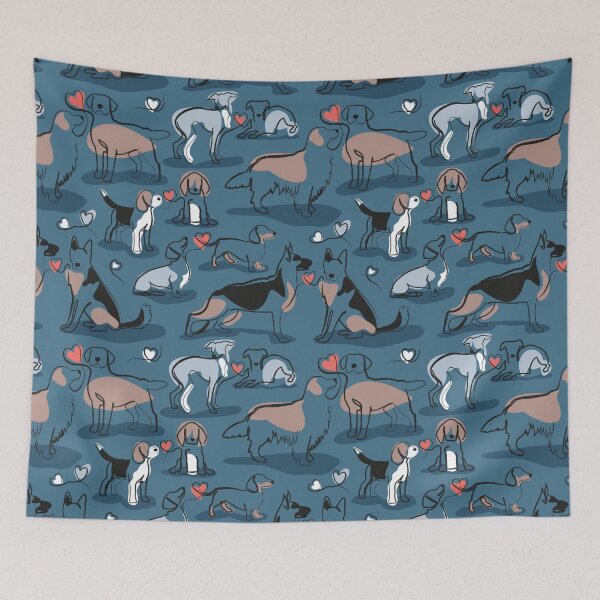 Item preview, Woof endless love // dark teal background coral hearts continuous lined pair of dog breeds designed and sold by SelmaCardoso.