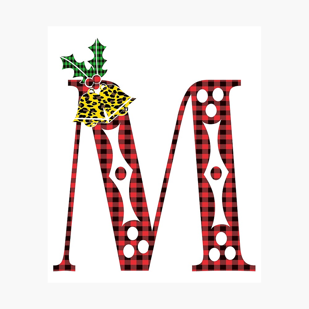 alphabet letter m, leopard buffalo plaid christmas design art board print