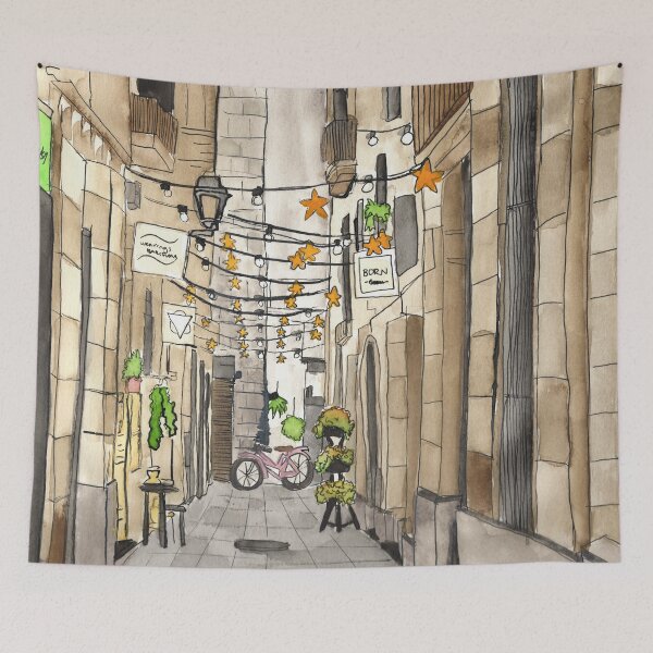 Item preview, Barcelona Barrio Gótico Watercolor Painting designed and sold by watercolornikki.
