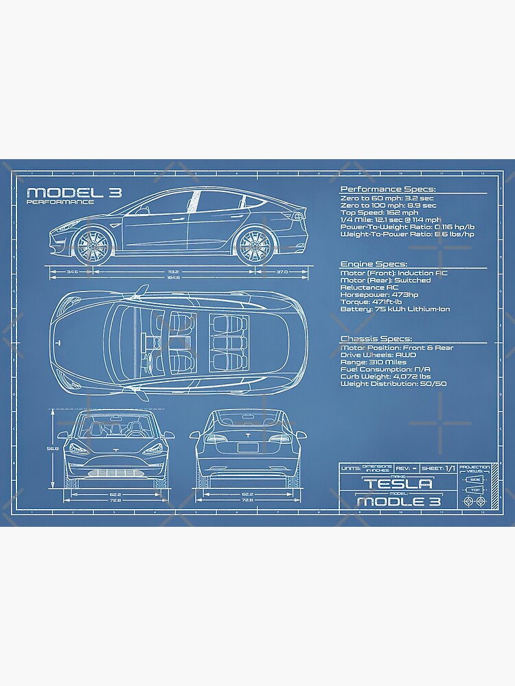 Tesla Model 3 Blueprint And Specs Greeting Card By Cosmosfield Redbubble