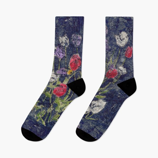 Artikelvorschau, Bunte rote weiße purpurrote gelbe Tulpen im Aquarell-Batik entworfen und verkauft von The Elderberry Blossom.