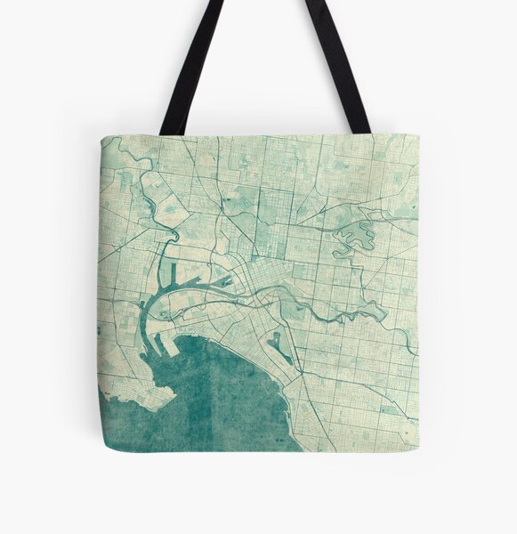 Melbourne Map Blue Vintage All Over Print Tote Bag