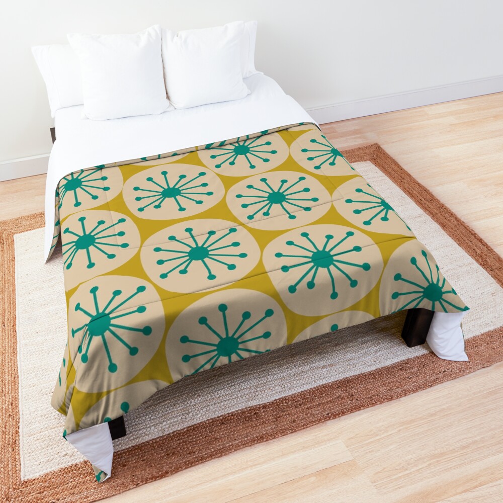 Atomic Retro Dots - Midcentury Modern Pattern in Mid Mod Turquoise Teal, Beige, and Mustard Comforter