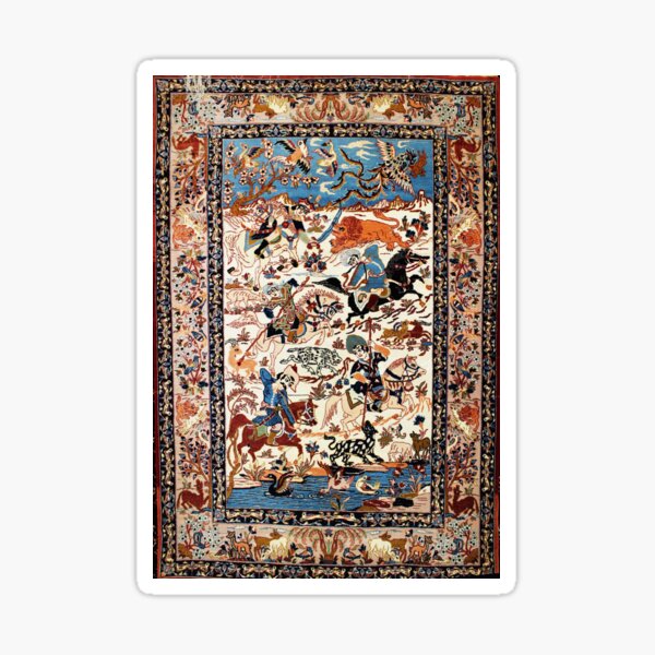 Blue Antique Persian Isfahan Silk Rug with Flowers Animals Print Sticker