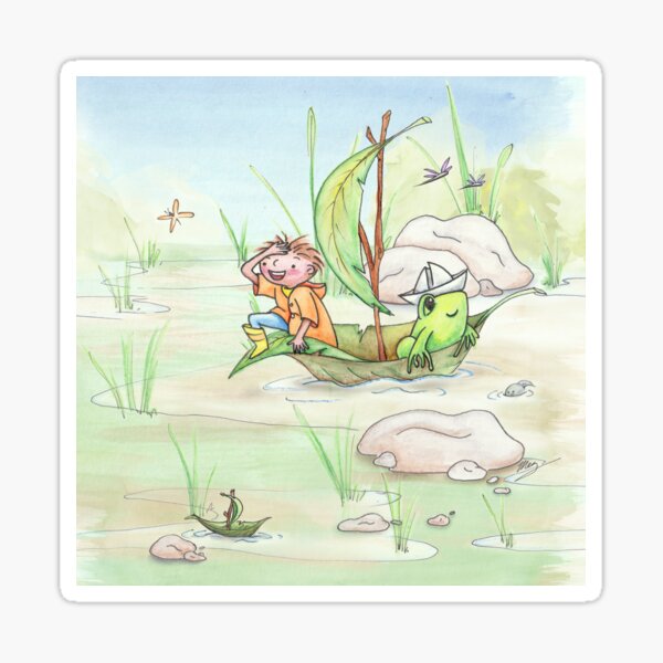 Child and Frog in a Boat - Land of Muddy Puddles Illustration 4/4) by Mez Thomas Sticker