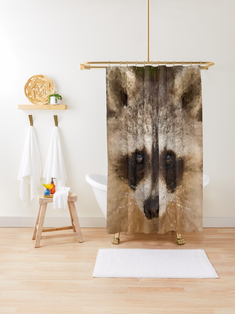 Thumbnail 1 of 5, Shower Curtain, Happy Raccoon Face! designed and sold by MathenaArt.