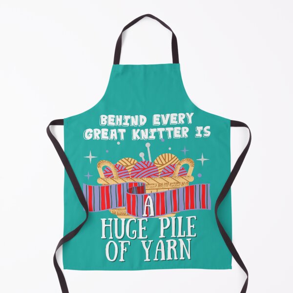 Item preview, Behind every great knitter is a huge pile of yarn with bold black and white font, basket of purple yarn on teal background. designed and sold by milkasweet.