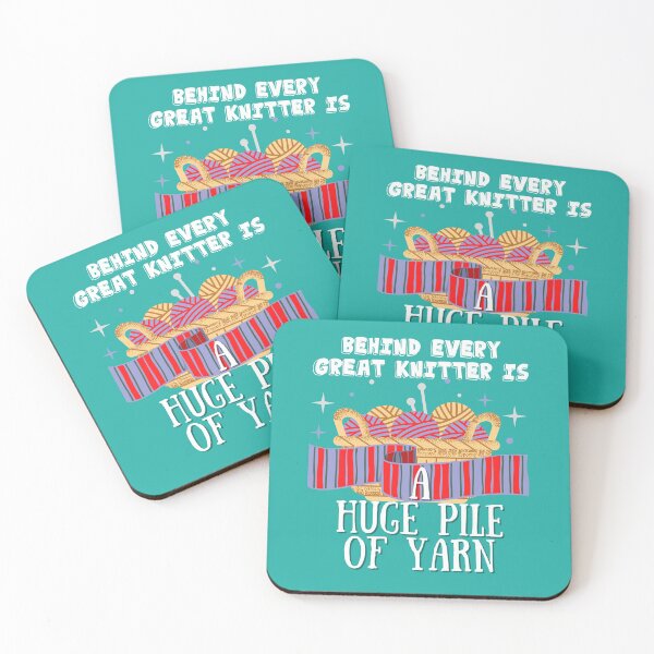 Item preview, Behind every great knitter is a huge pile of yarn with bold black and white font, basket of purple yarn on teal background. designed and sold by milkasweet.