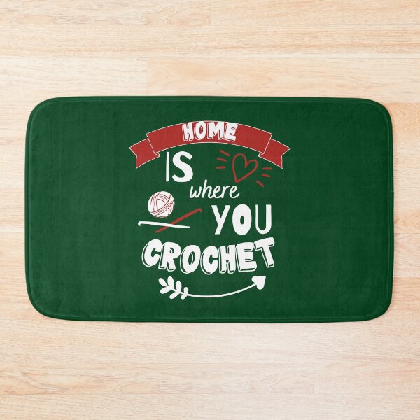 Item preview, Home is where you crochet with bold black, white and red font, hearts, yarn of arrow. designed and sold by milkasweet.