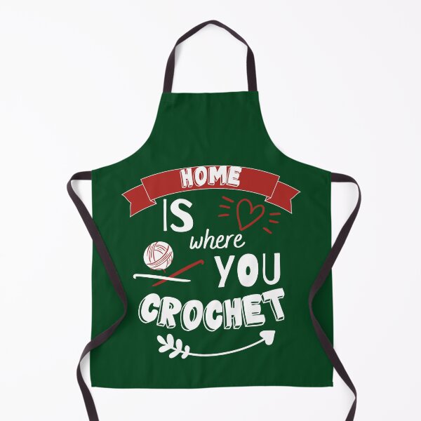Item preview, Home is where you crochet with bold black, white and red font, hearts, yarn of arrow. designed and sold by milkasweet.