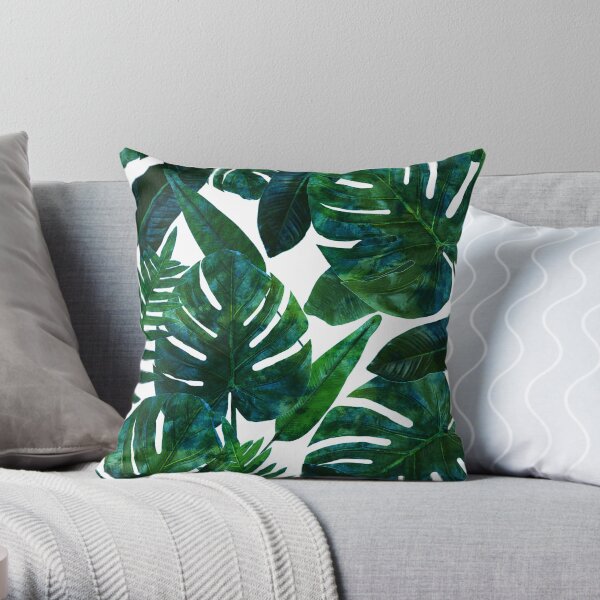 Perceptive Dream, Tropical Jungle Nature Botanical Watercolor Painting, Palm Monstera Bohemian Illustration Throw Pillow