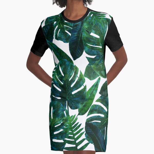 Tropical Nature Monstera Watercolor Painting, Botanical Jungle Dark Palm Illustration Graphic T-Shirt Dress