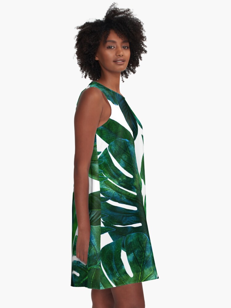 Alternate view of Perceptive Dream, Tropical Jungle Nature Botanical Watercolor Painting, Palm Monstera Bohemian Illustration A-Line Dress