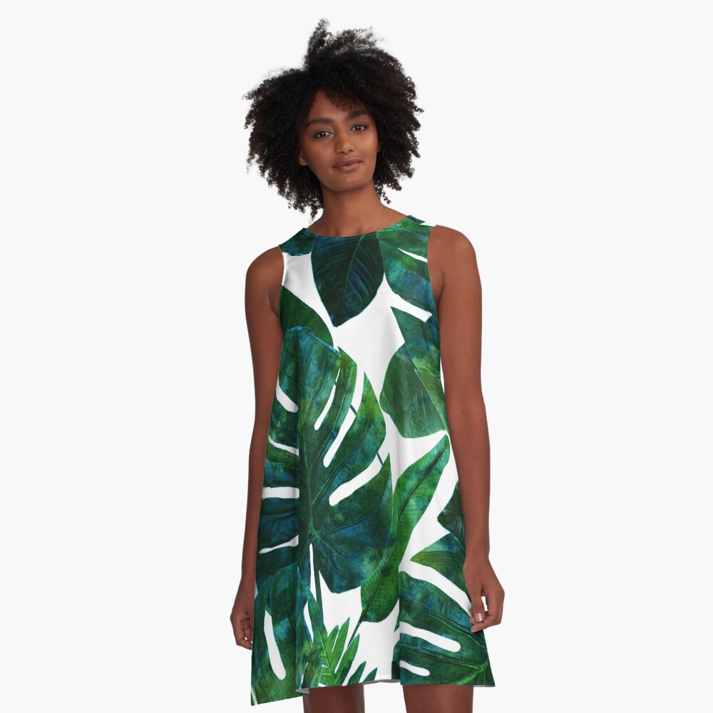 Perceptive Dream, Tropical Jungle Nature Botanical Watercolor Painting, Palm Monstera Bohemian Illustration A-Line Dress